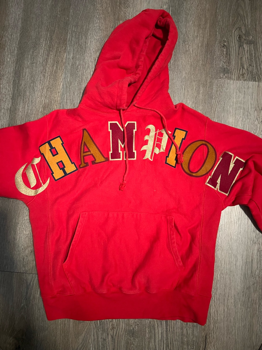 Champion Red Hooded Zip-Up Sweater with Multicolor Collegiate Letters